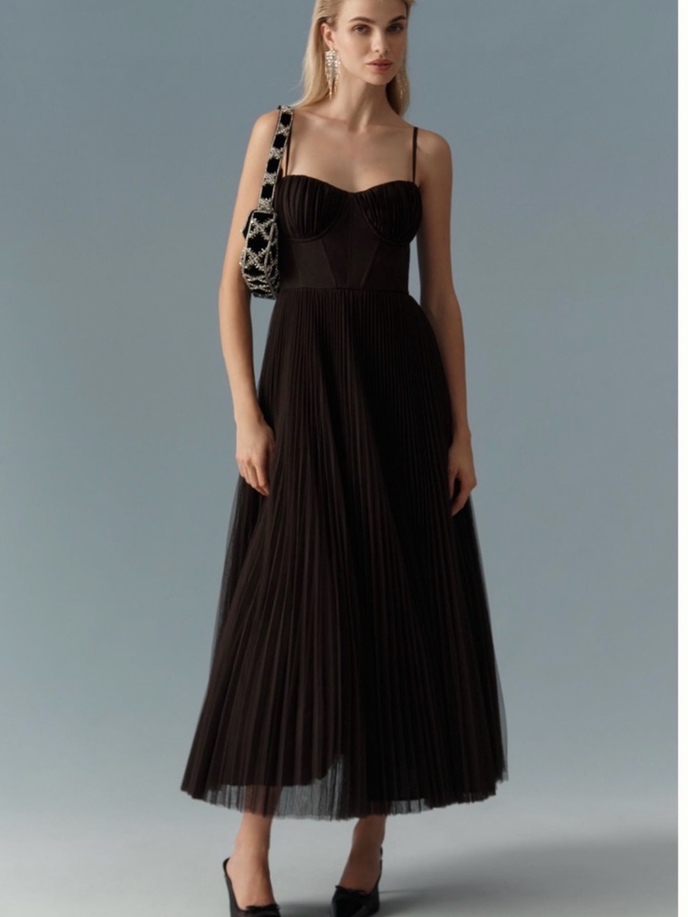 Hutch Black Pleated Maxi Dress with Sweetheart Bodice
